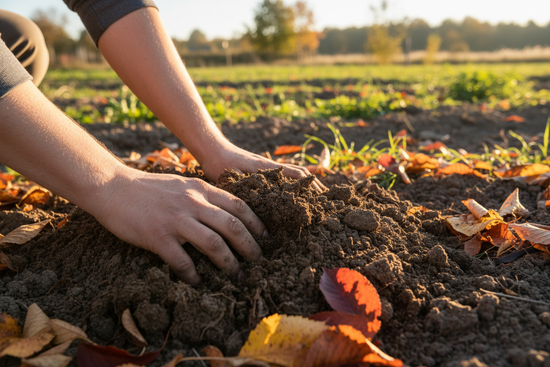 Hands working autumn soil
