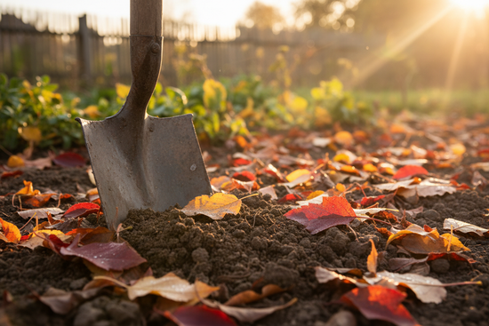 Spade digging into autumn soil